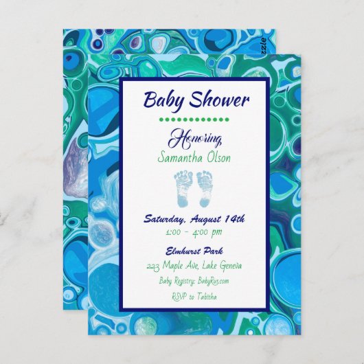 Uitnodiging tot Baby shower van Blue and Green Boy (Voorkant / Achterkant)