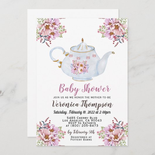 Uitnodiging tot Baby shower van de Tea-partij (Voorkant / Achterkant)