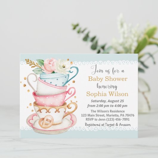 Uitnodiging tot Baby shower van de Tea Party (Staand voorkant)