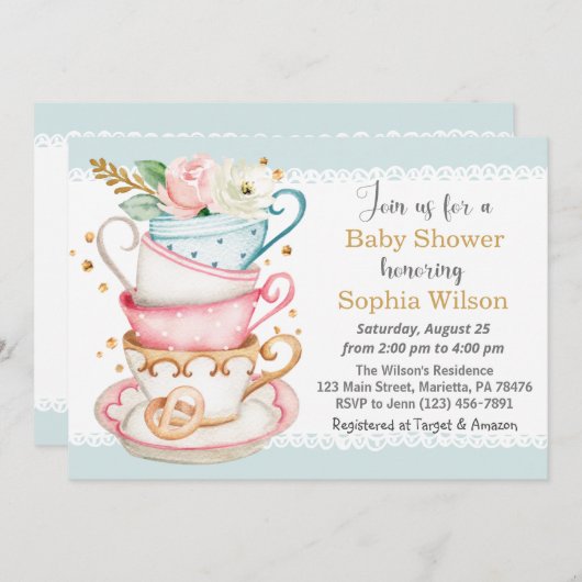 Uitnodiging tot Baby shower van de Tea Party (Voorkant / Achterkant)