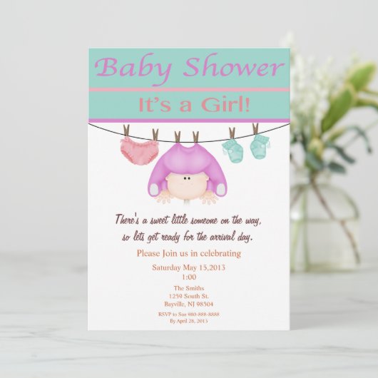 Uitnodiging tot Baby shower van lavendel en groen (Staand voorkant)