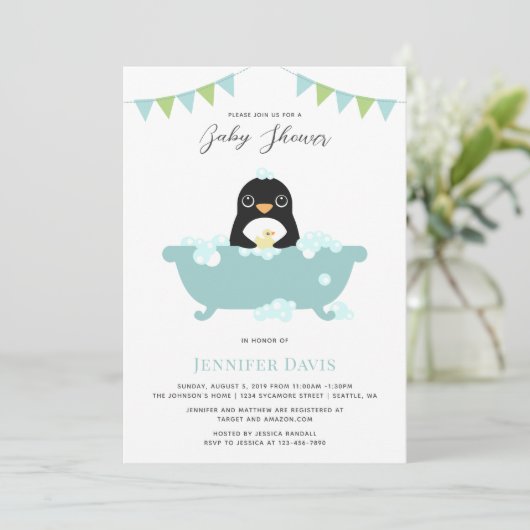 Uitnodiging tot Baby shower van Penguin (Staand voorkant)