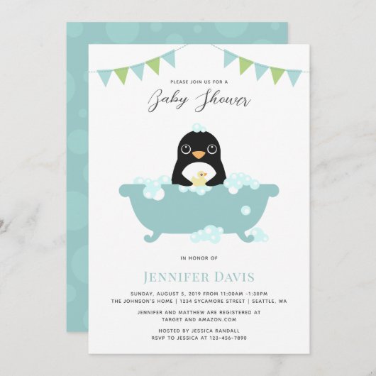 Uitnodiging tot Baby shower van Penguin (Voorkant / Achterkant)