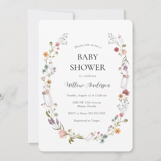 Uitnodiging tot Baby shower van wilde bloemen (Voorkant)