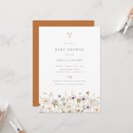 Uitnodiging tot Baby shower van wilde bloemen (Voorkant / Achterkant in situ)