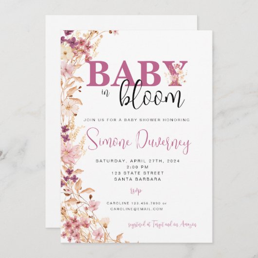 Uitnodiging tot Baby shower van wilde bloemen (Voorkant / Achterkant)
