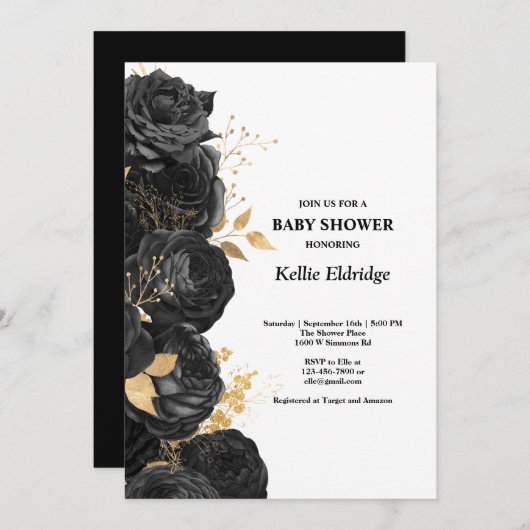 Uitnodiging tot Baby shower van zwarte en goudbloe (Voorkant / Achterkant)