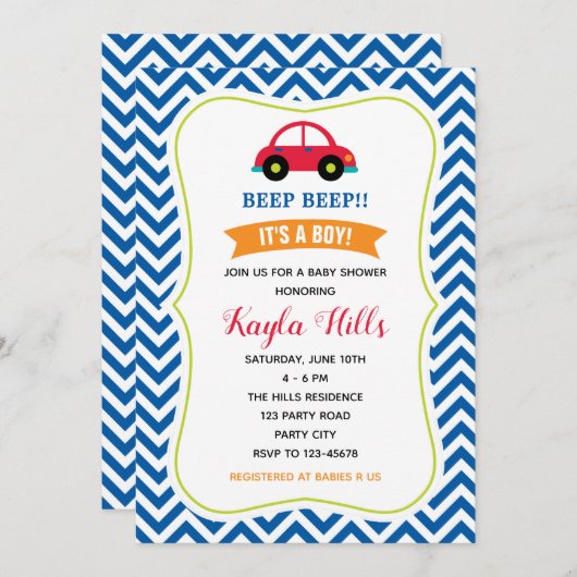 Uitnodiging tot Baby shower voor auto's (Blauw roo (Voorkant / Achterkant)