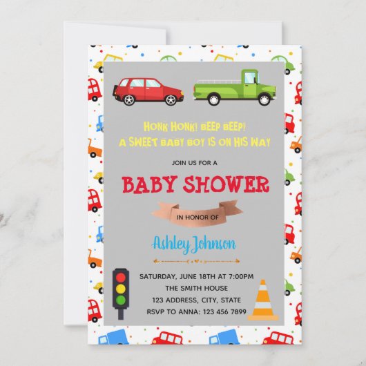 Uitnodiging tot baby shower voor auto's en vrachtw (Voorkant)