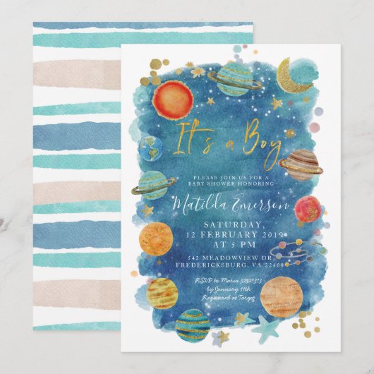 Uitnodiging tot Baby shower voor ruimtevaart (Voorkant / Achterkant)