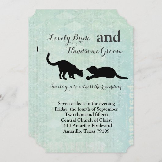 Uitnodiging tot  blauwe bruiloft voor speelse katt (Voorkant / Achterkant)