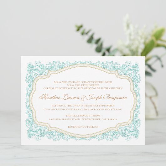 uitnodiging tot  blauwe en gouden bruiloft (Staand voorkant)