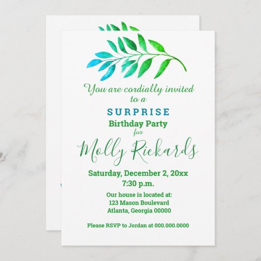 Uitnodiging tot blauwe groene olievlek voor verras (Voorkant / Achterkant)