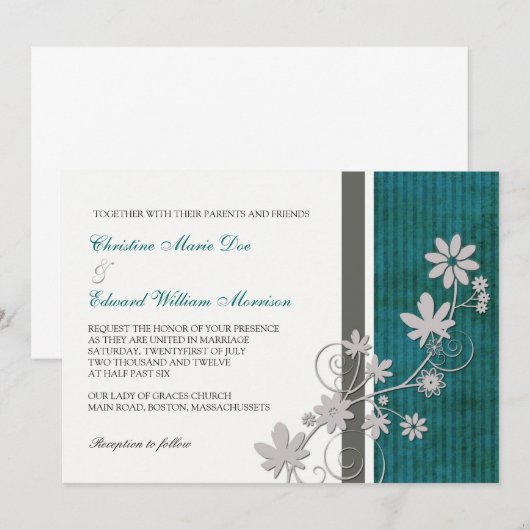 Uitnodiging tot blauwgroen en Charcoal Flower Wedd (Voorkant / Achterkant)