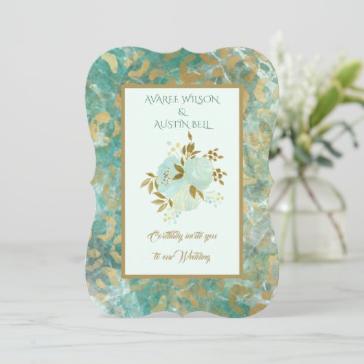 Uitnodiging tot blauwgroen en gouden bruiloft (Staand voorkant)