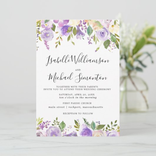 Uitnodiging tot botanische bruiloft in Paars Rusti (Staand voorkant)
