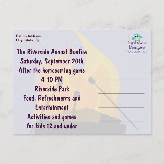 Uitnodiging tot Briefkaart van Bonfire Party (Achterkant)