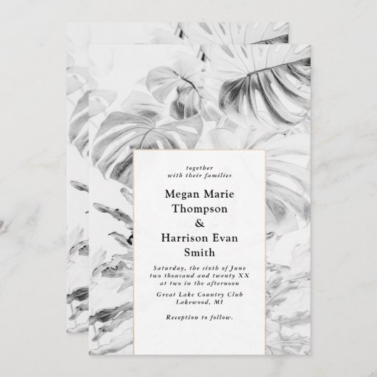 Uitnodiging tot bruiloft in witte tropische monste (Voorkant / Achterkant)