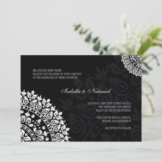 Uitnodiging tot bruiloft tussen zwart en wit (Staand voorkant)