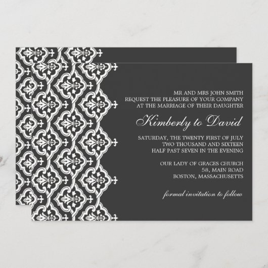 Uitnodiging tot bruiloft tussen zwart en wit (Voorkant / Achterkant)