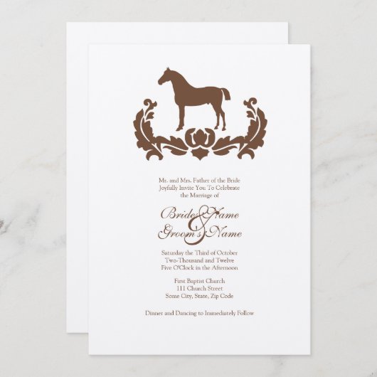 Uitnodiging tot bruiloft van bruin en wit Damask (Voorkant / Achterkant)