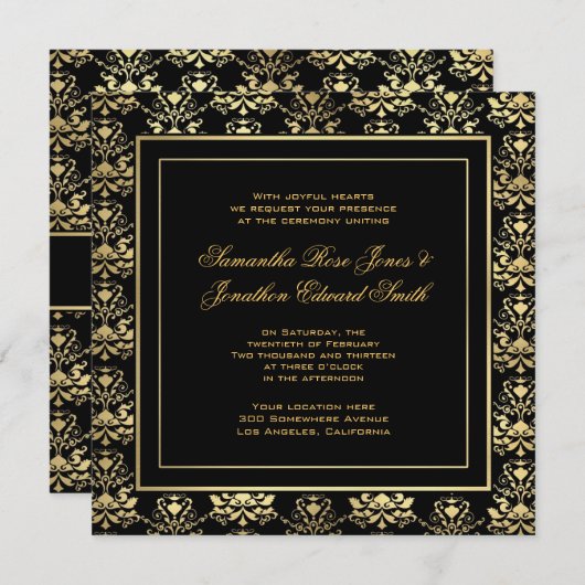 Uitnodiging tot bruiloft via Black & Gold Damask (Voorkant / Achterkant)