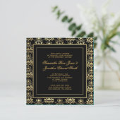 Uitnodiging tot bruiloft via Black & Gold Damask (Staand voorkant)