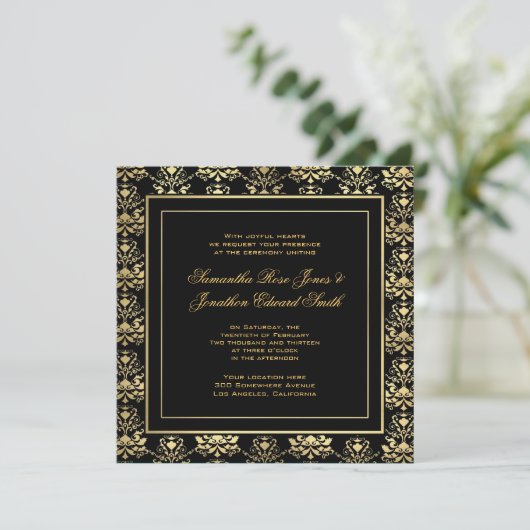 Uitnodiging tot bruiloft via Black & Gold Damask (Staand voorkant)