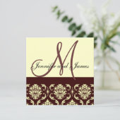 Uitnodiging tot bruin Ivory Damask Monogram bruilo (Staand voorkant)