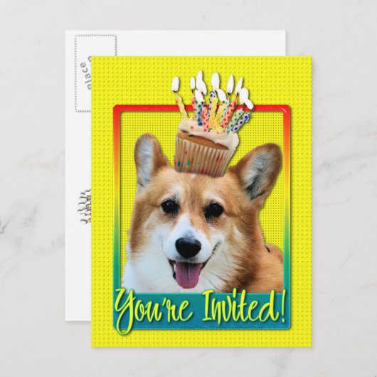 Uitnodiging tot cupcake - Corgi - Owen (Voorkant / Achterkant)