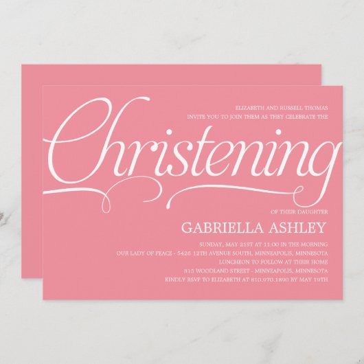 Uitnodiging tot edele Script Christening - Roze (Voorkant / Achterkant)