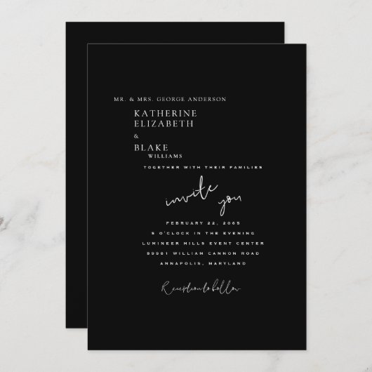 Uitnodiging tot een zwarte en witte bruiloft (Voorkant / Achterkant)