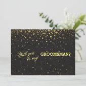 Uitnodiging tot gouden Confetti GROOMSMAN voor bru (Staand voorkant)