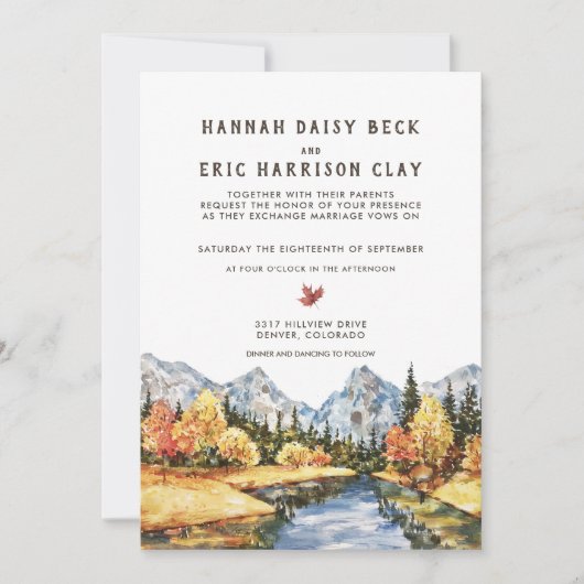 Uitnodiging tot herfst-herfst-mountainbruiloft (Voorkant)