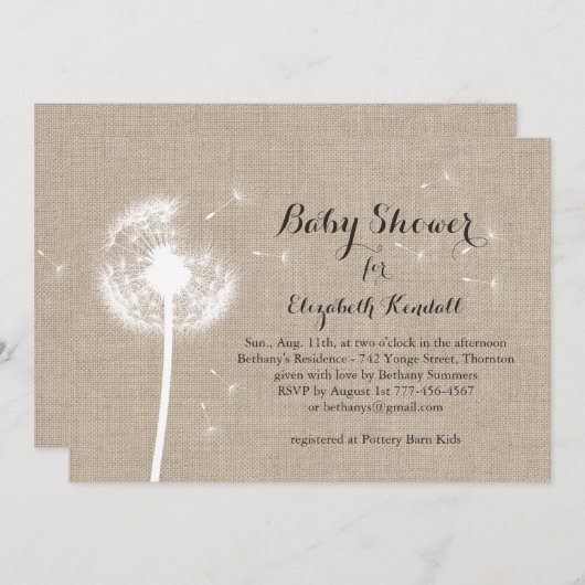 Uitnodiging tot het Baby shower Dandelion Burlap (Voorkant / Achterkant)
