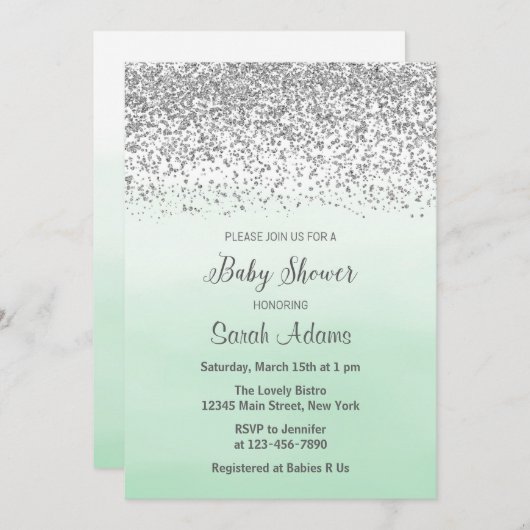 Uitnodiging tot het Baby shower Mint en Silver (Voorkant / Achterkant)