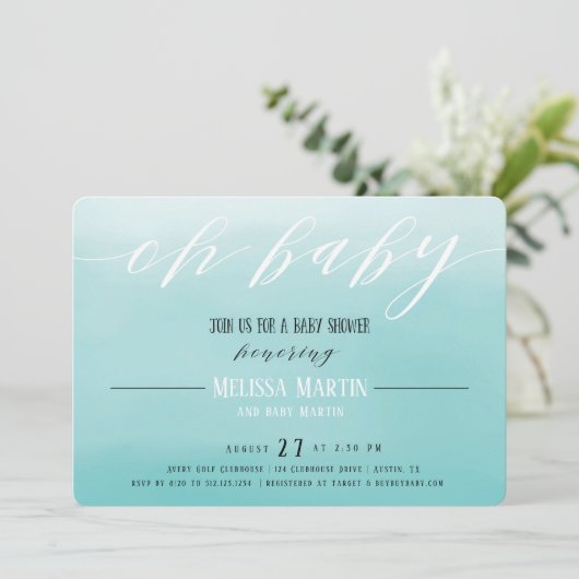 Uitnodiging tot het Baby shower Turquoise Ombre Bo (Staand voorkant)