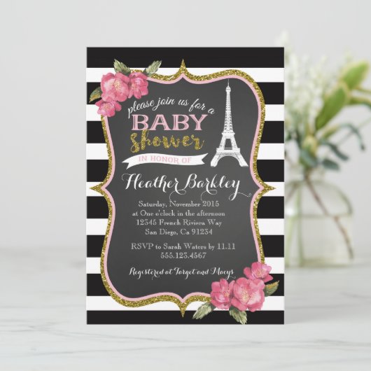 Uitnodiging tot het Baby shower van Eiffeltoren in (Staand voorkant)