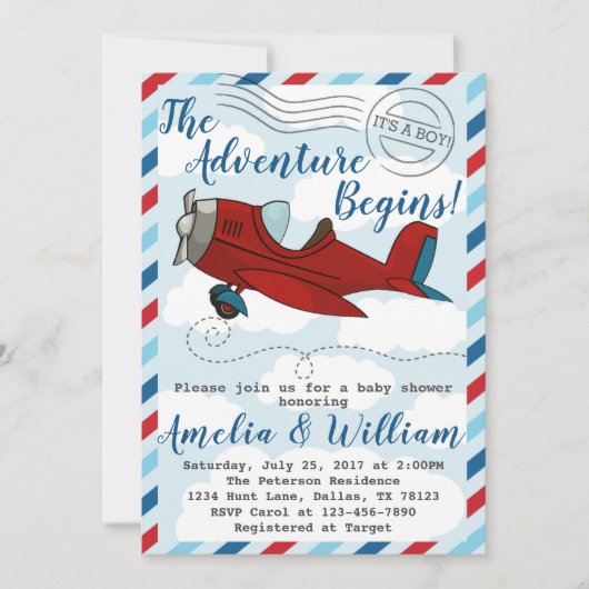 Uitnodiging tot het Baby shower van het vliegtuig (Voorkant)
