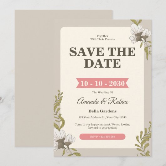  uitnodiging tot het huwelijk van Floral (Voorkant / Achterkant)