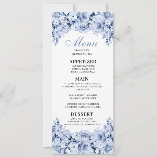 Uitnodiging tot het menu Dusty Blue Floral Quincea (Voorkant)