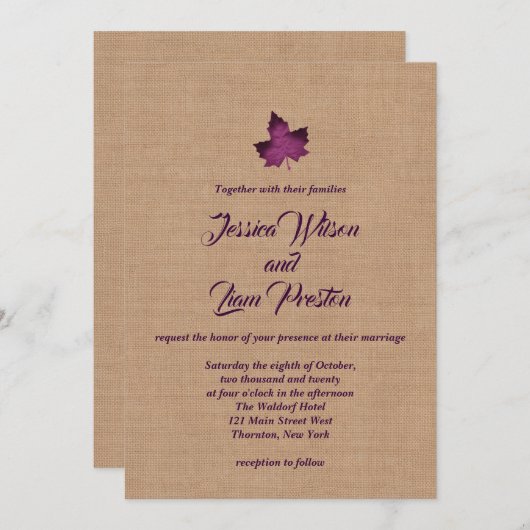 Uitnodiging tot het uitzenden van Paarse Burlap Ma (Voorkant / Achterkant)