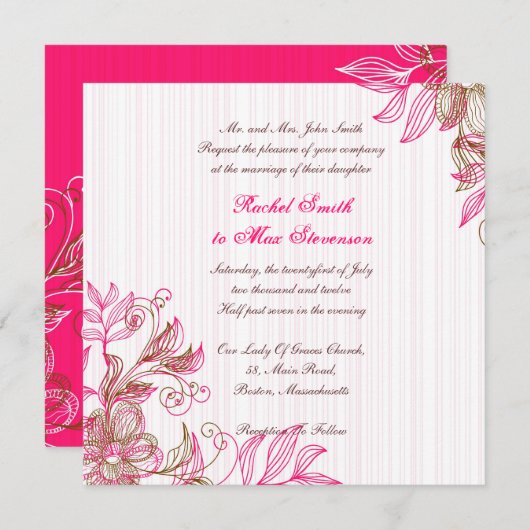 Uitnodiging tot hete roze en bruine bruiloft (Voorkant / Achterkant)