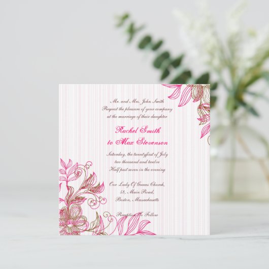 Uitnodiging tot hete roze en bruine bruiloft (Staand voorkant)