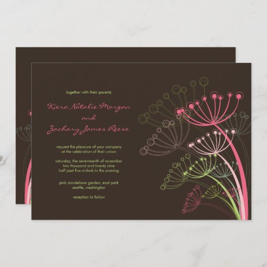 Uitnodiging tot lentes voor zoete roze dandelions (Voorkant / Achterkant)