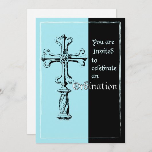 Uitnodiging tot Ordination Cross op blauw en zwart (Voorkant / Achterkant)
