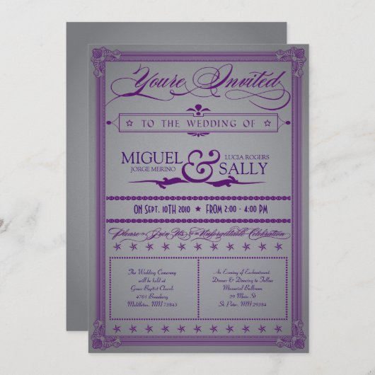 Uitnodiging tot Paars- en grijze bruiloft (Voorkant / Achterkant)
