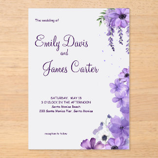 Uitnodiging tot Paarse Floral Wedding Acryl Uitnodigingen