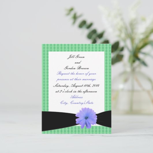 Uitnodiging tot Paarse zwarte ribbon bruiloft (Staand voorkant)