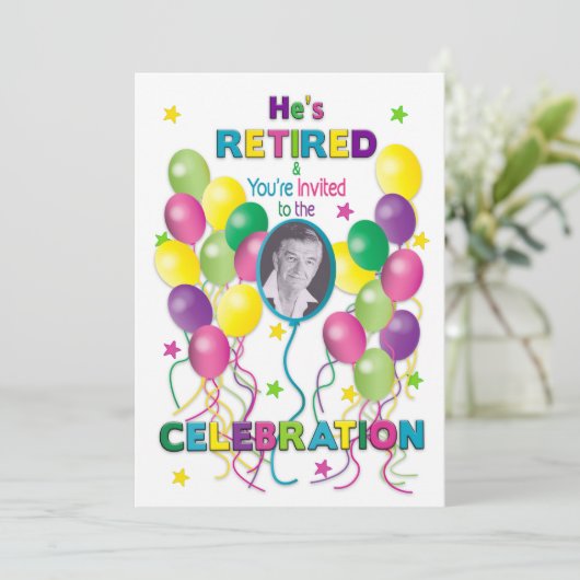 Uitnodiging tot pensionering Festive, ballonnen & (Staand voorkant)